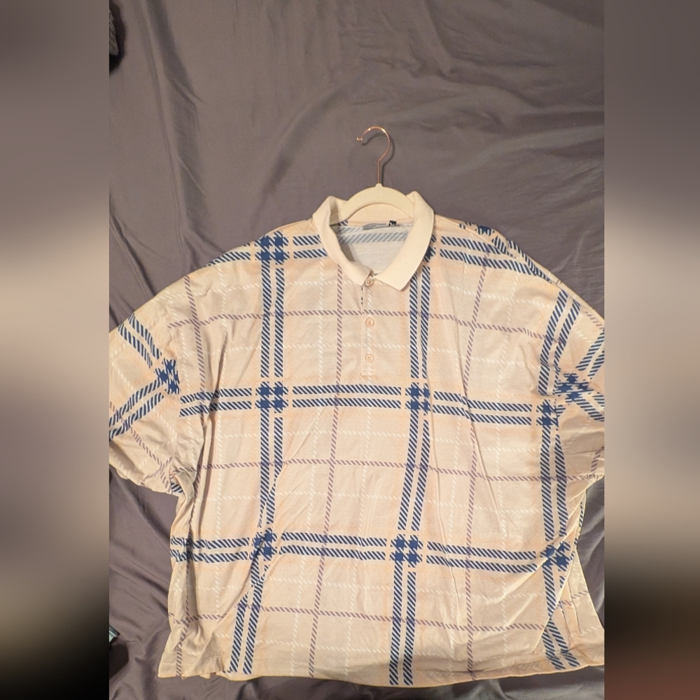 ASOS Design Cream and Blue Plaid Polo Shirt
